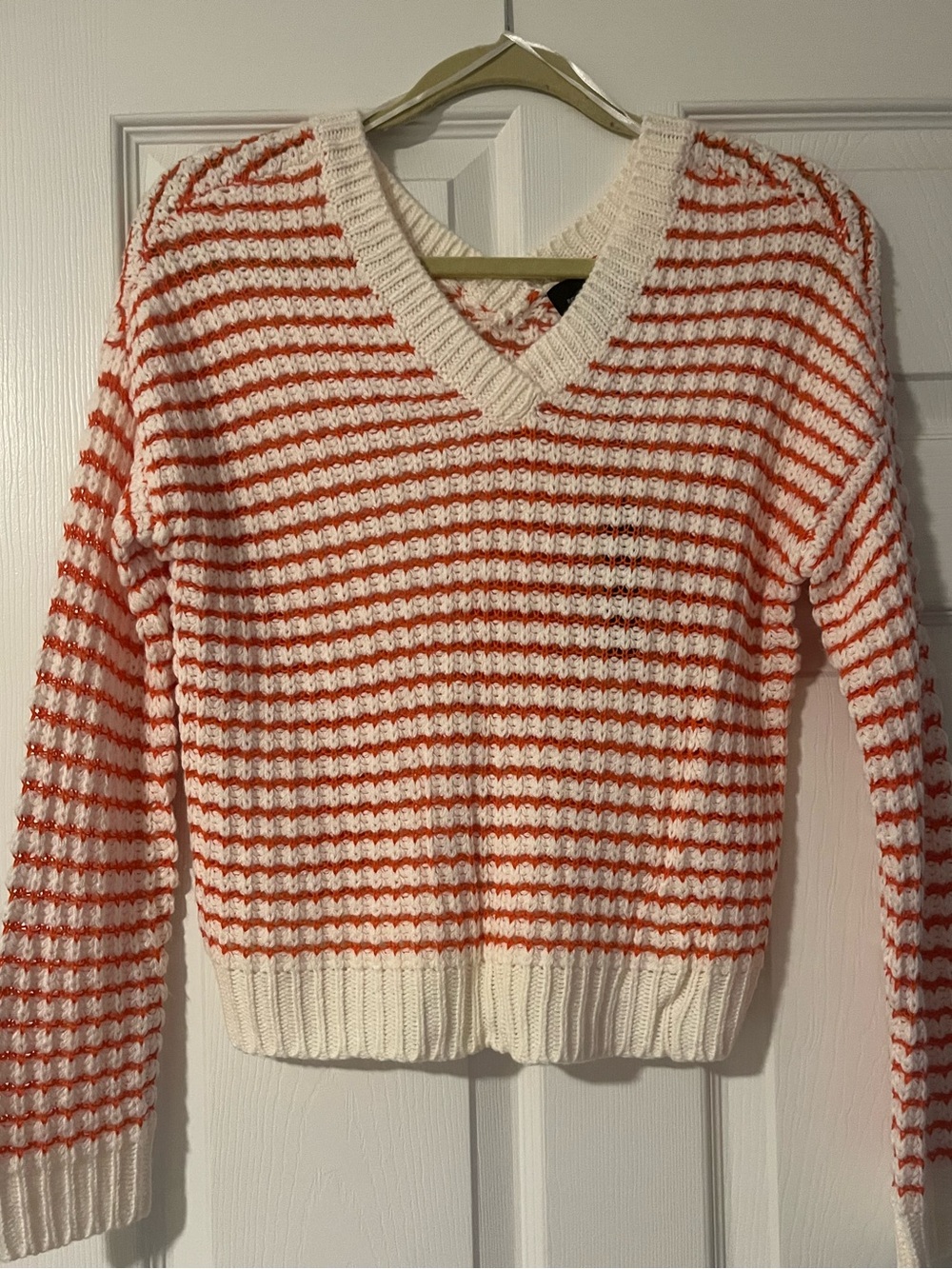 Romeo & Juliet Couture Cream and Orange Striped V-Neck Sweater